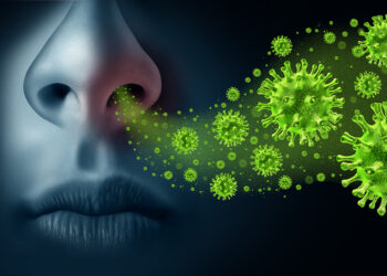 Influenza concept and seasonal flu virus spread caused by infectious microbes with human symptoms of fever infecting the nose and throat as deadly microscopic cells with 3d illustration elements.